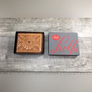 New Old Stock With Box Rolfs Hand Tooled Leather Brown Billfold Wallet Vintage